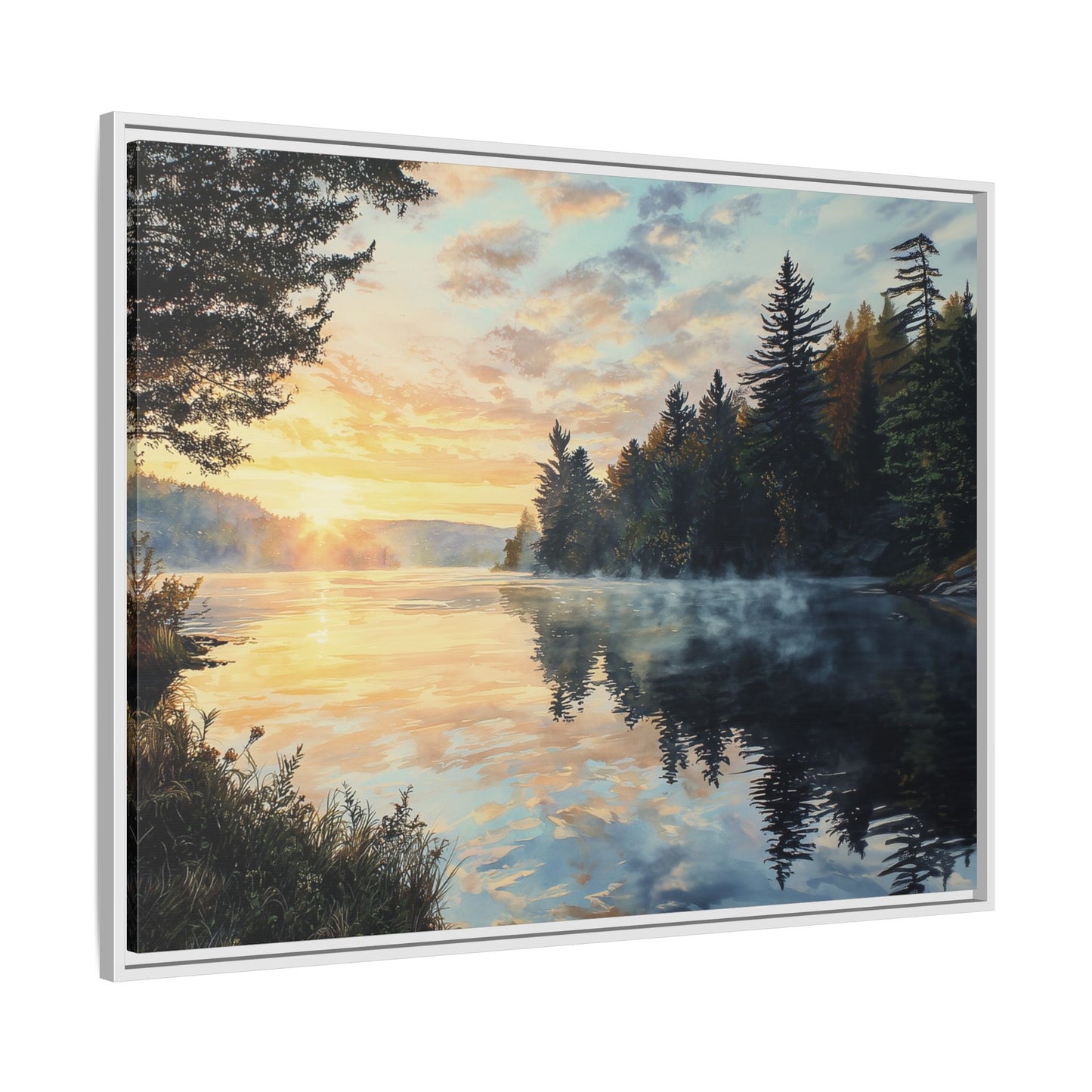 Sunrise Lake Framed Canvas Print — Forest Reflection Wall Art