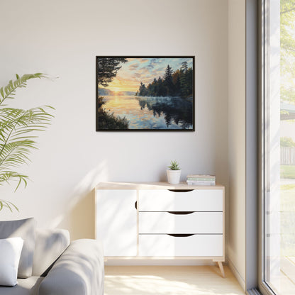 Sunrise Lake Framed Canvas Print — Forest Reflection Wall Art