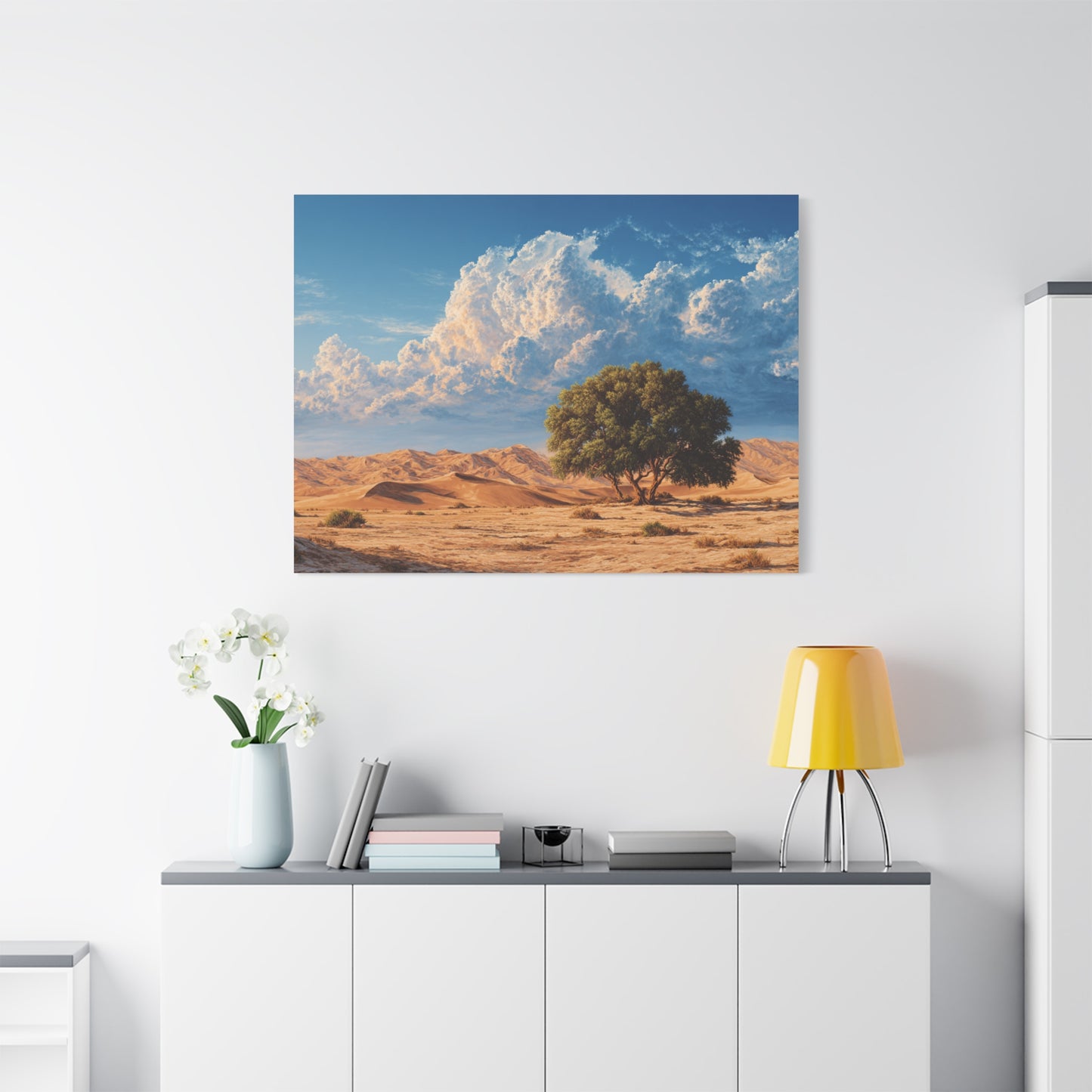 Desert Solitude Canvas Print — Lone Tree in Golden Dunes Matte Stretched Wall Art