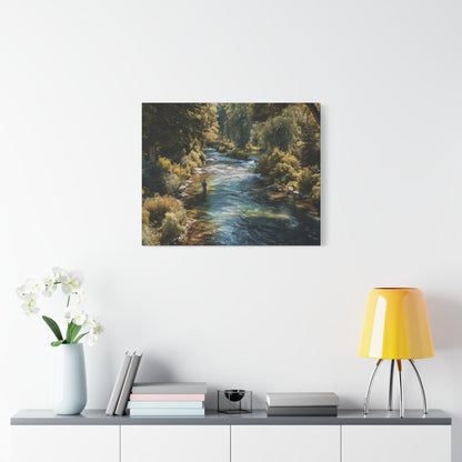 River Fishing Canvas Wall Art — Serene Forest Stream Matte Stretched Print