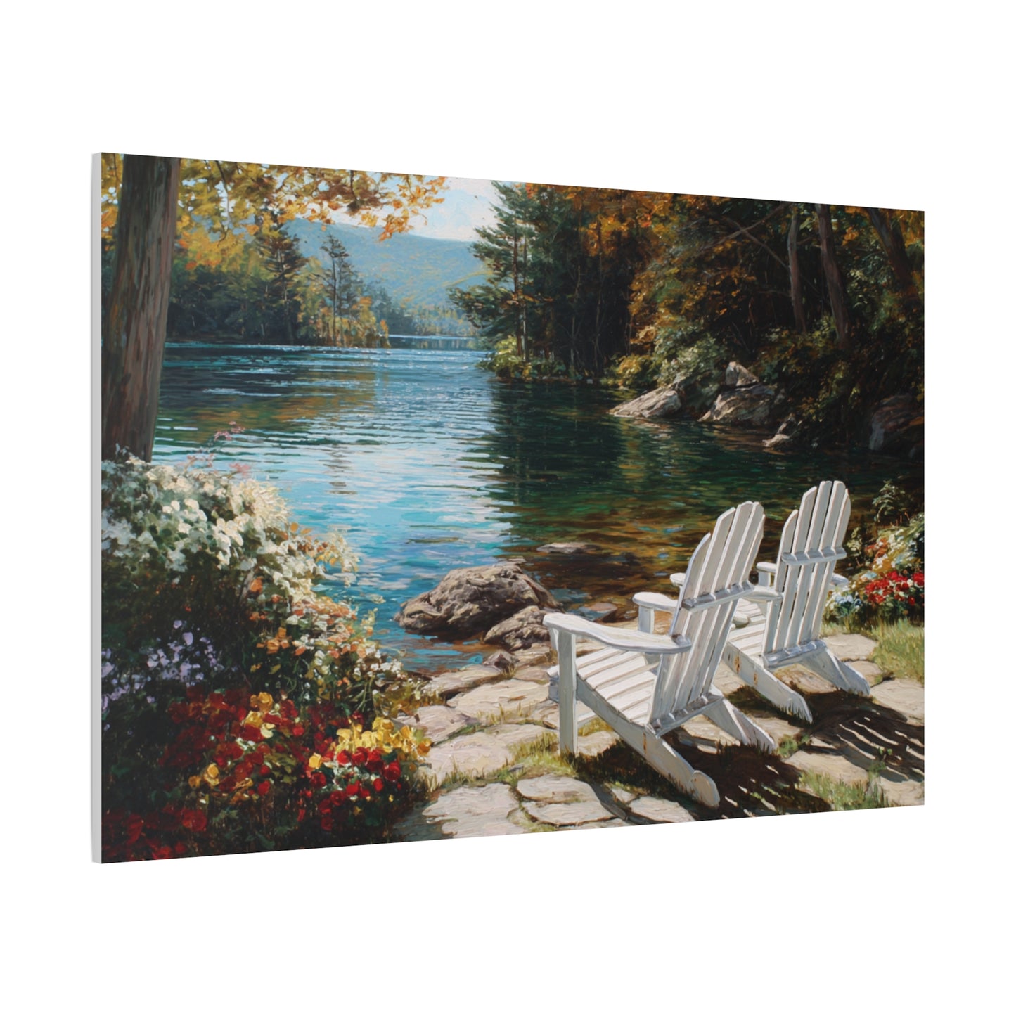 Canvas Print - Lakeside Adirondack Chairs Scenic Wall Art (Matte Stretched)