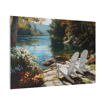Canvas Print - Lakeside Adirondack Chairs Scenic Wall Art (Matte Stretched)