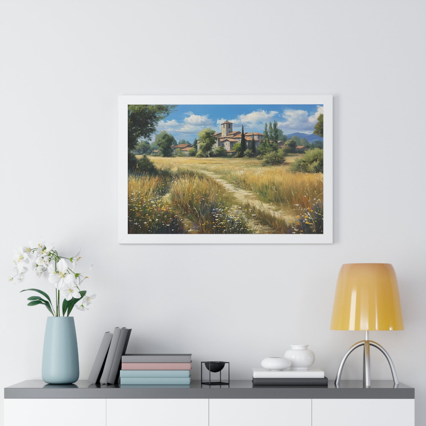 Rustic Countryside Landscape Wall Art - Framed Print for Farmhouse & Living Room