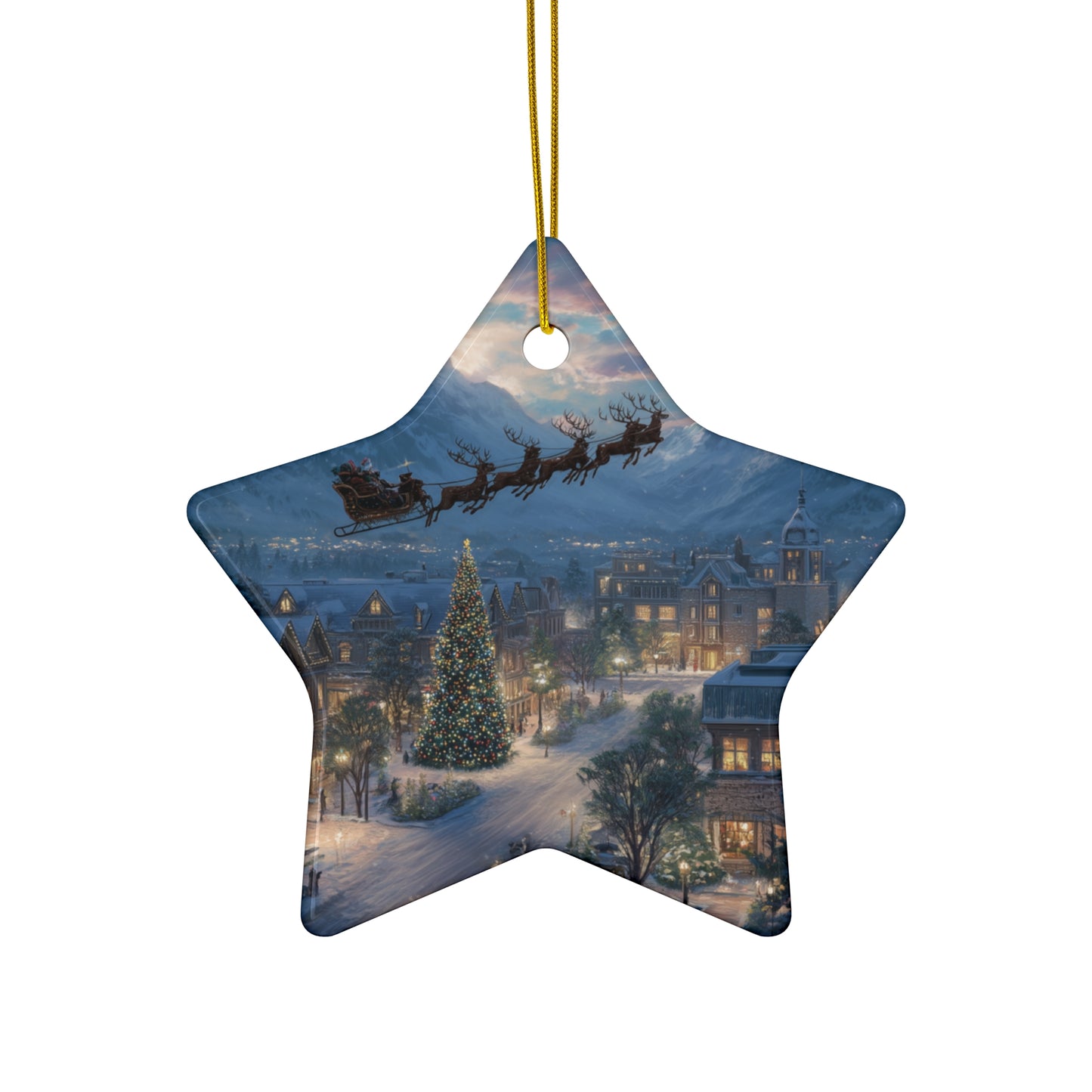 Star Ceramic Ornament – Santa Over Snowy Village Christmas Tree Holiday Decoration