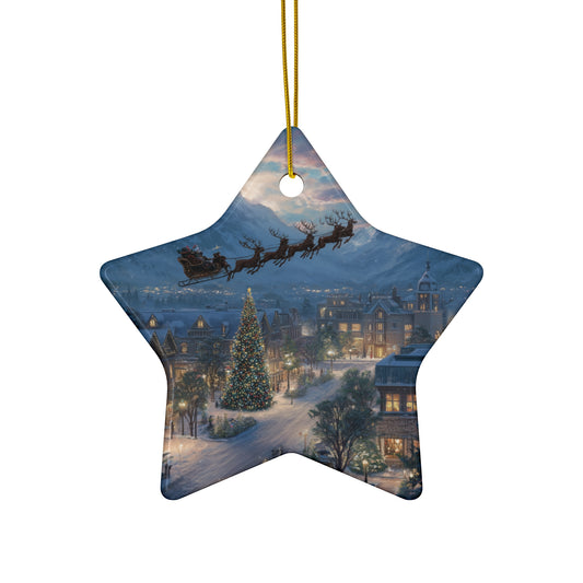 Star Ceramic Ornament – Santa Over Snowy Village Christmas Tree Holiday Decoration