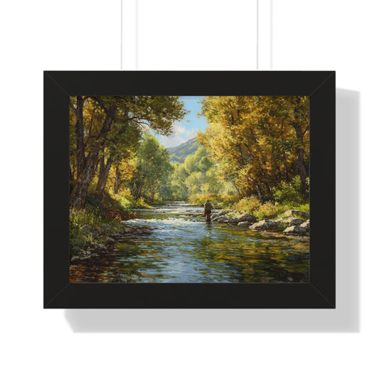 River Fly Fishing Art Print for Cabin & Living Room - Framed Landscape Print