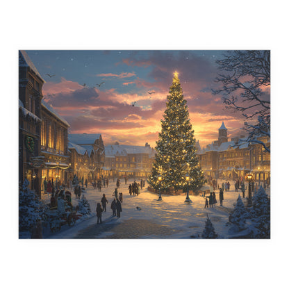 Christmas Town Square Silk Paper Print — Holiday Tree at Sunset