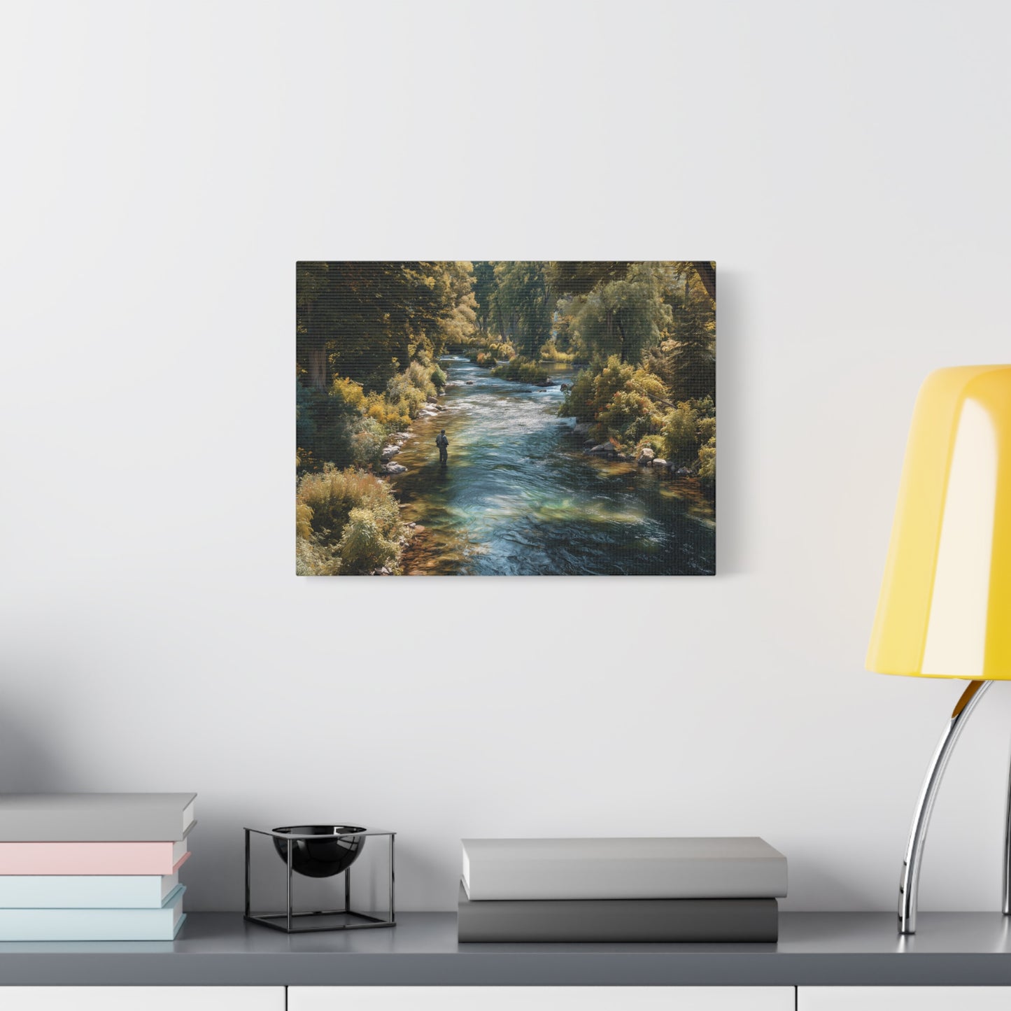 River Fishing Canvas Wall Art — Serene Forest Stream Matte Stretched Print