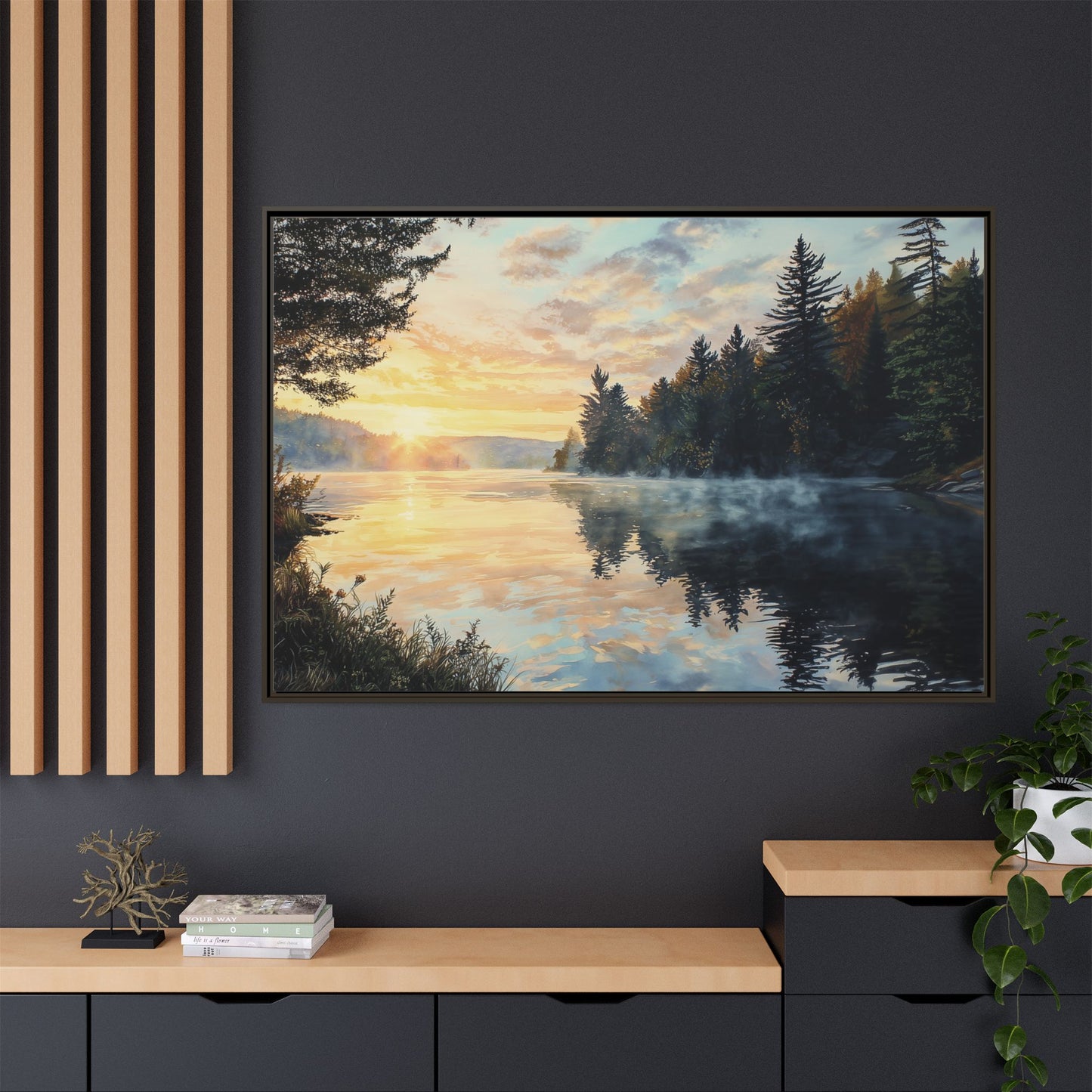 Sunrise Lake Framed Canvas Print — Forest Reflection Wall Art