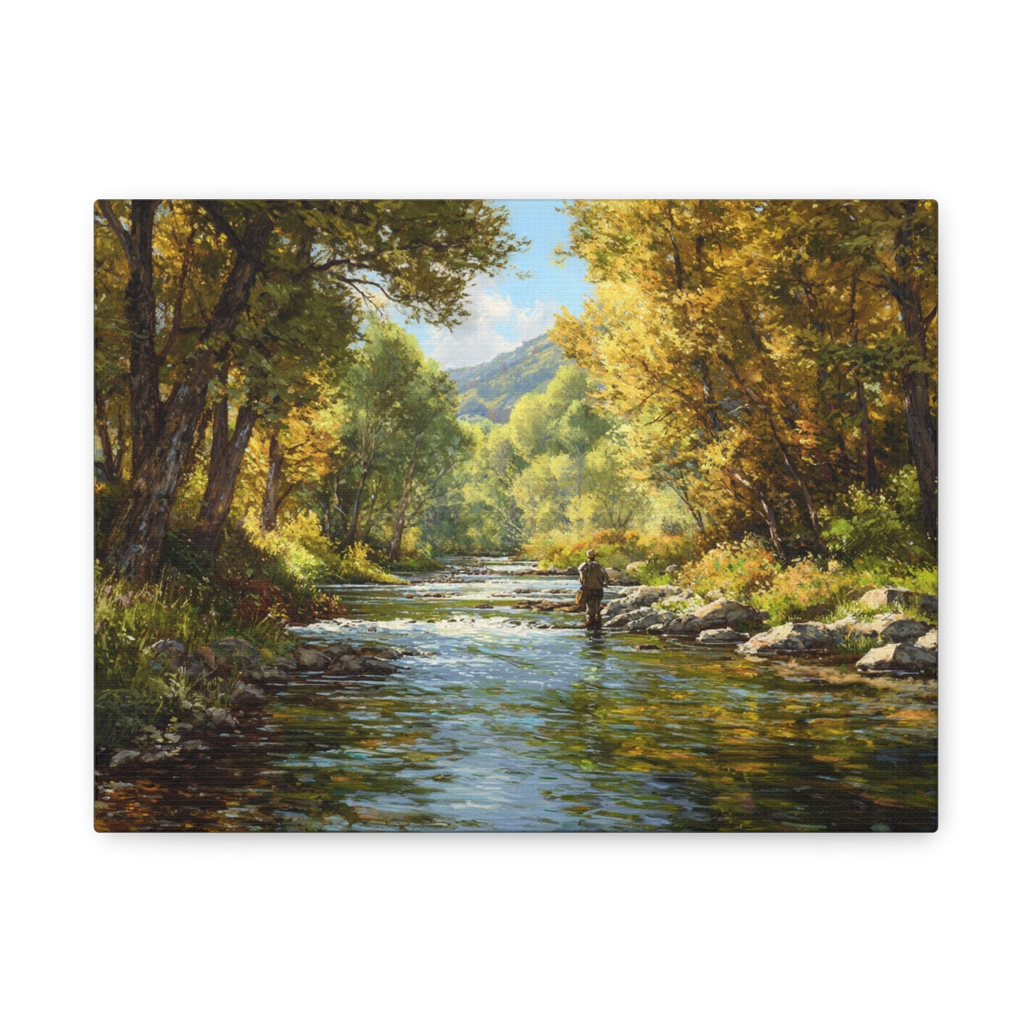 Autumn River Fly Fishing Matte Stretched Canvas