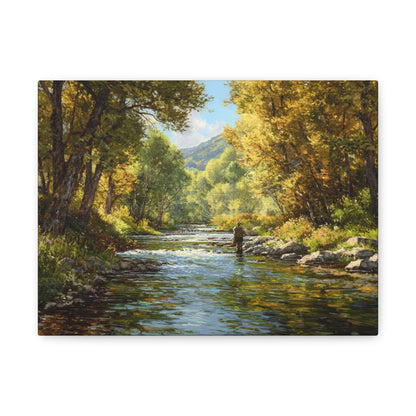 Autumn River Fly Fishing Matte Stretched Canvas