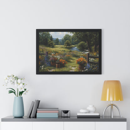 Serene Country Meadow Landscape Print - Framed Print