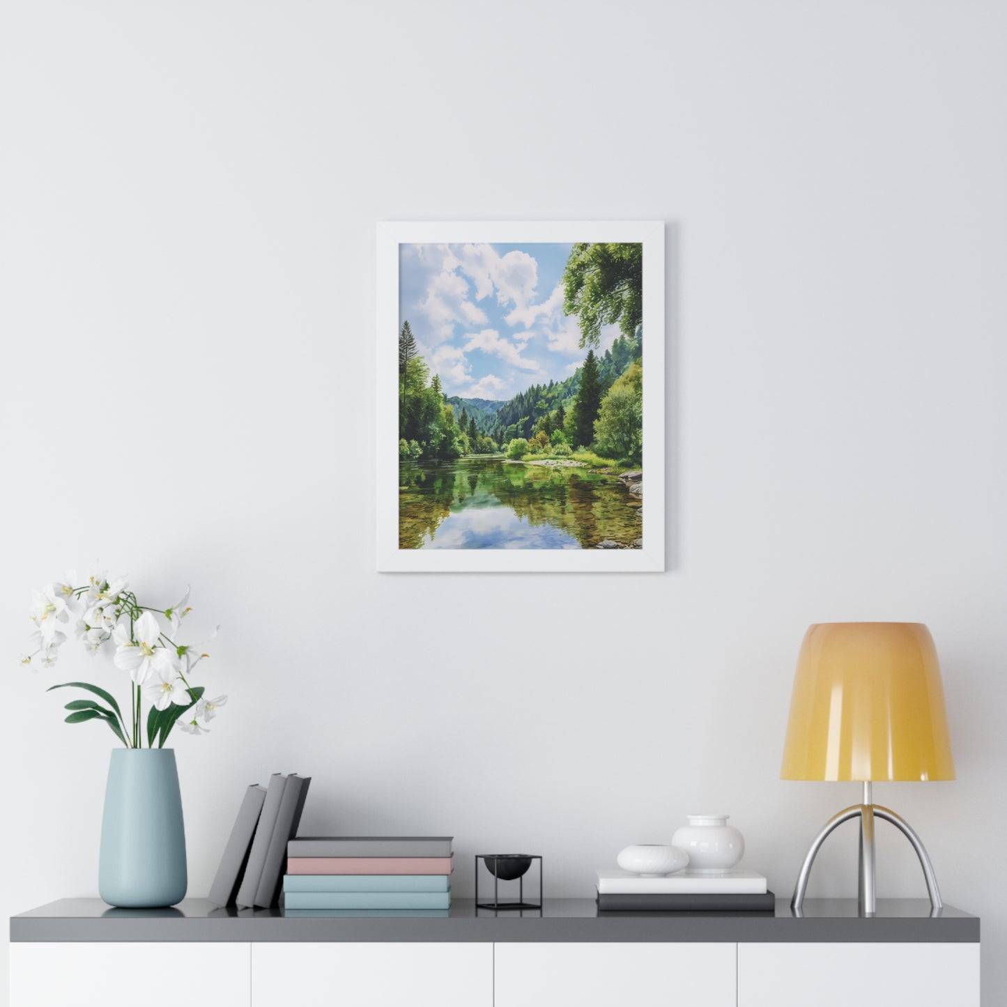 Serene Mountain Lake Landscape Wall Art -Framed Vertical Print