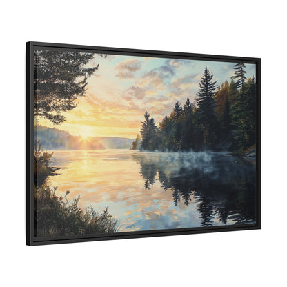 Sunrise Lake Framed Canvas Print — Forest Reflection Wall Art