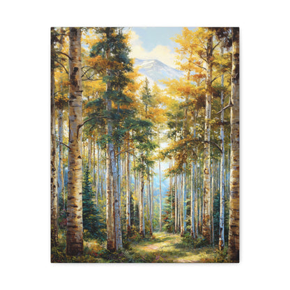 Aspen Forest Path Vertical Canvas Print — Serene Woodland Wall Art