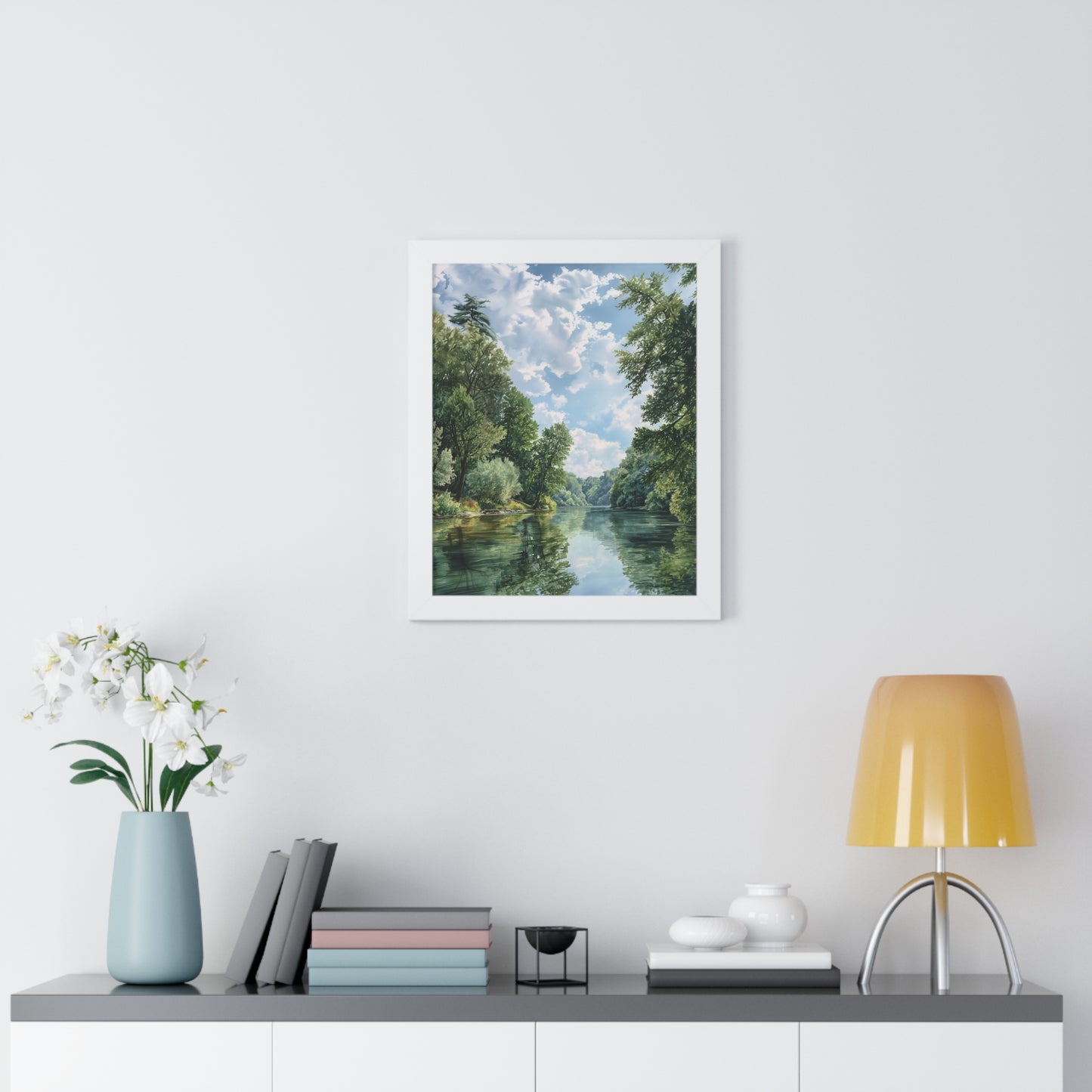 Serene River Landscape Wall - Framed Vertical Print