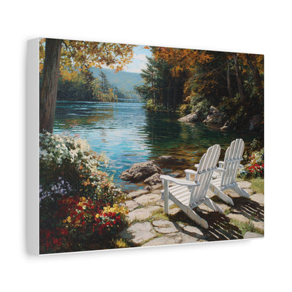Canvas Print - Lakeside Adirondack Chairs Scenic Wall Art (Matte Stretched)