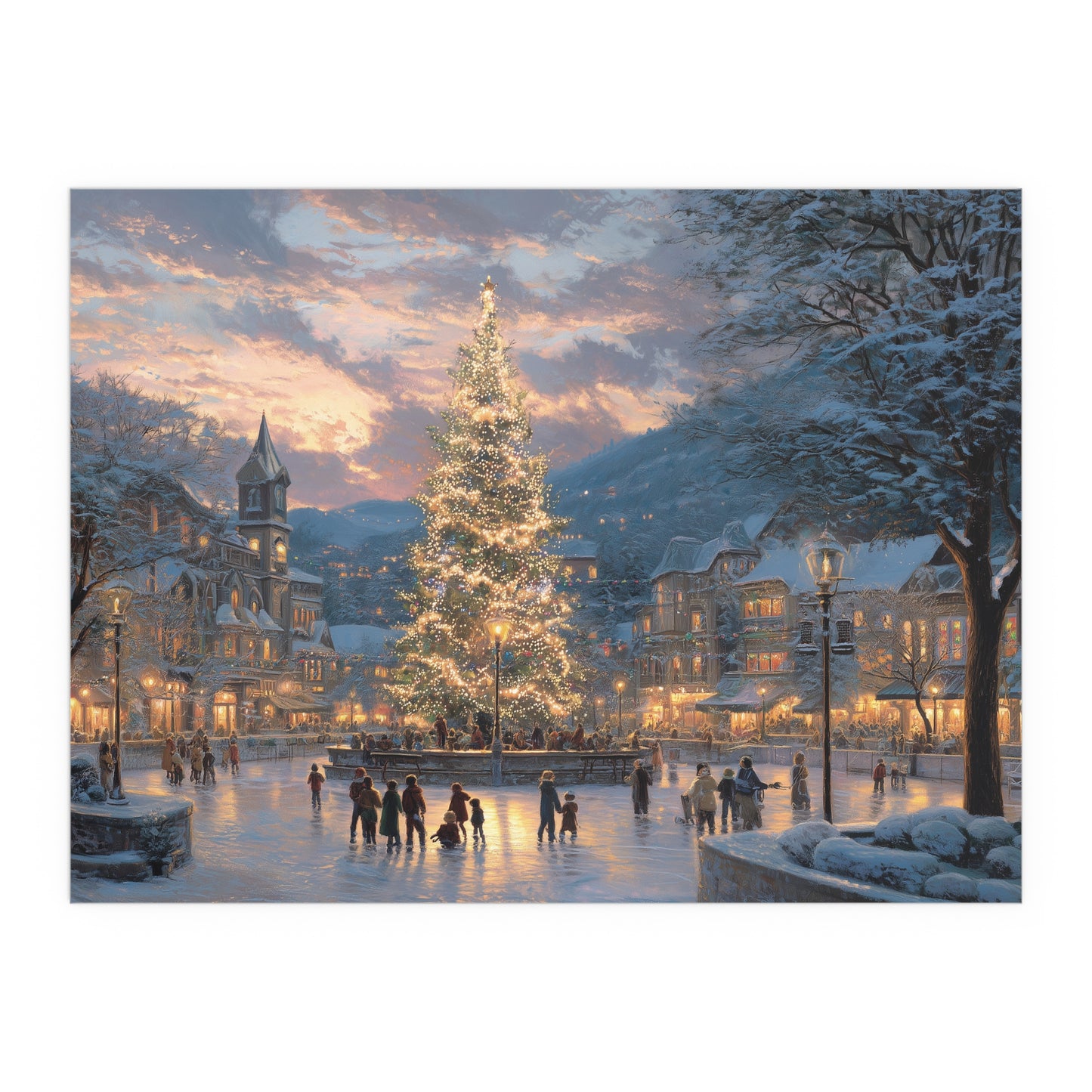 Christmas Village on Skates Silk Print — Illuminated Holiday Tree Winter Scene