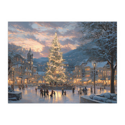 Christmas Village on Skates Silk Print — Illuminated Holiday Tree Winter Scene