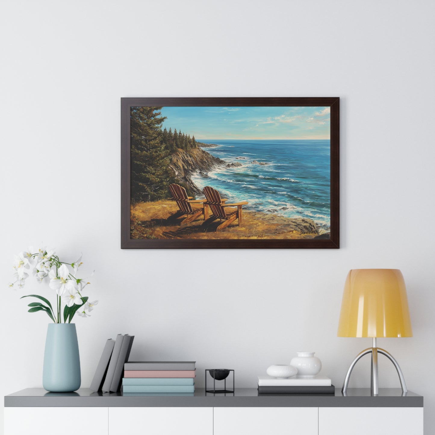 Coastal Clifftop Adirondack Chairs Framed Print — Beach Landscape Wall Art
