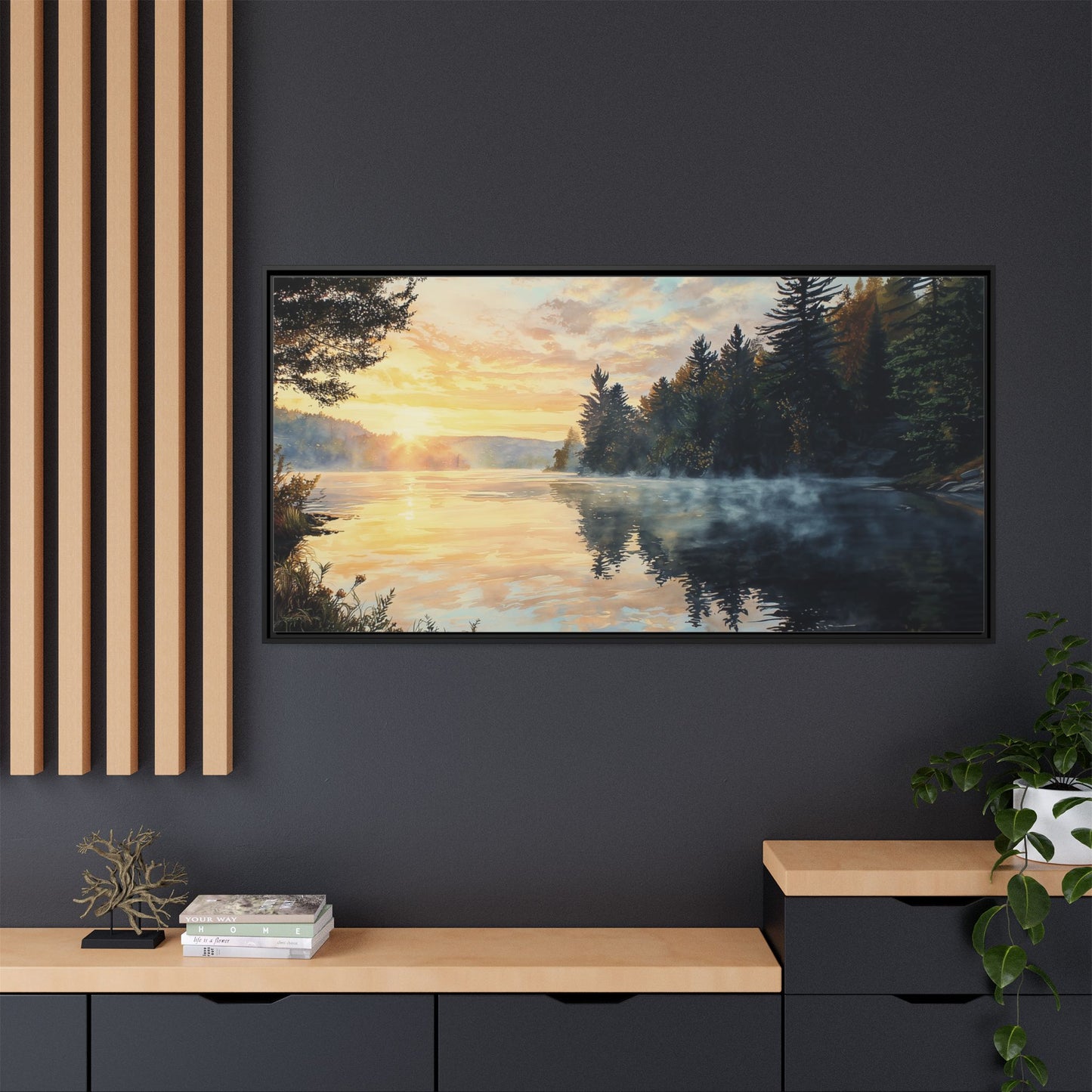Sunrise Lake Framed Canvas Print — Forest Reflection Wall Art