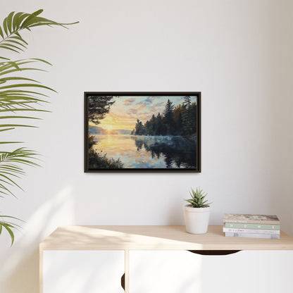 Sunrise Lake Framed Canvas Print — Forest Reflection Wall Art