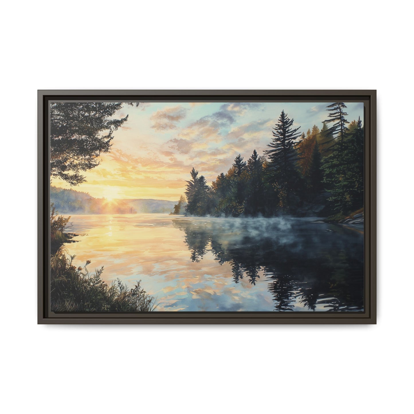 Sunrise Lake Framed Canvas Print — Forest Reflection Wall Art