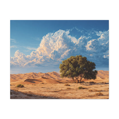 Desert Solitude Canvas Print — Lone Tree in Golden Dunes Matte Stretched Wall Art