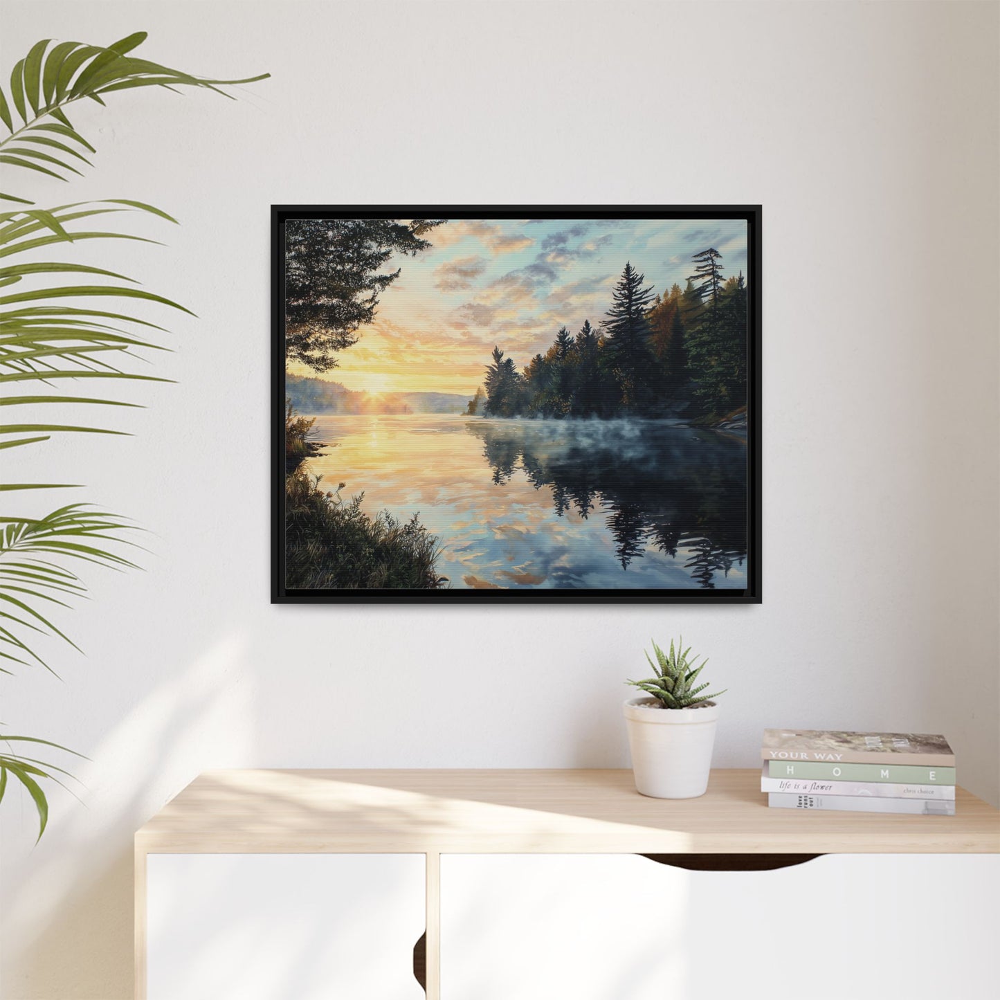 Sunrise Lake Framed Canvas Print — Forest Reflection Wall Art