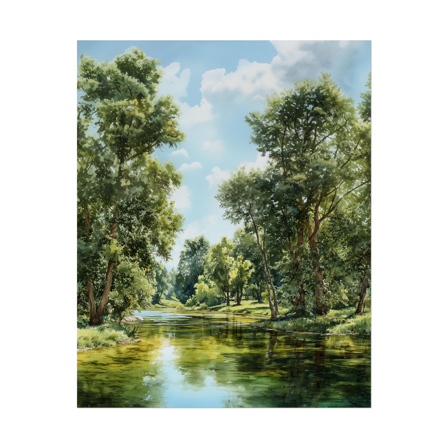 Forest River Landscape Print — Serene Nature Wall Art, Tranquil Greenery