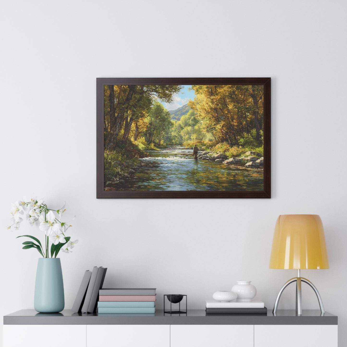 River Fly Fishing Art Print for Cabin & Living Room - Framed Landscape Print