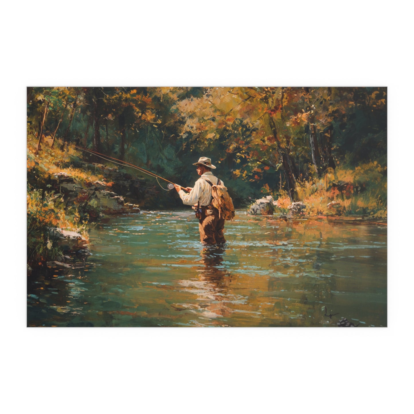 Vintage Fly Fisherman River Scene - Silk Paper Print