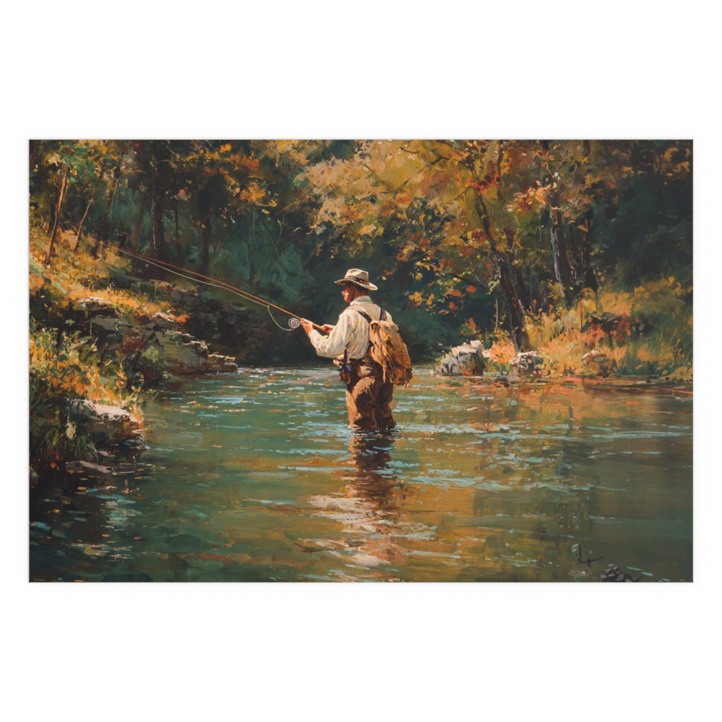 Vintage Fly Fisherman River Scene - Silk Paper Print