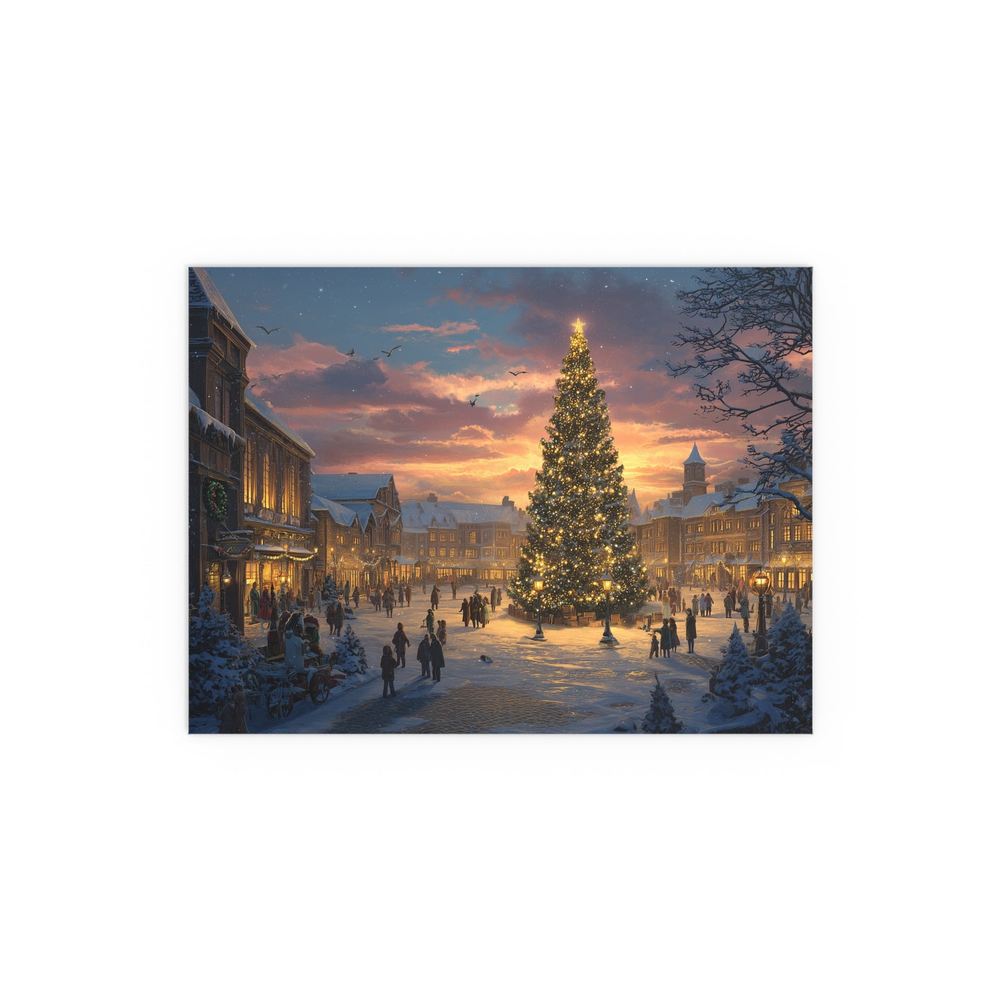 Christmas Town Square Silk Paper Print — Holiday Tree at Sunset