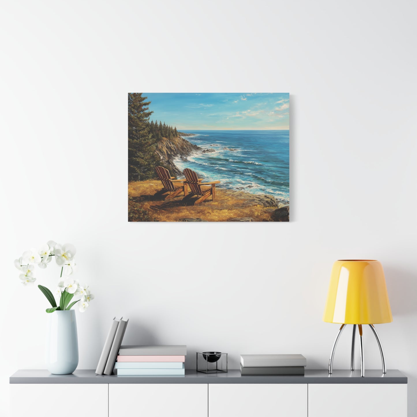 Coastal Cliffs Canvas Wall Art — Adirondack Chairs Overlooking Ocean Seascape