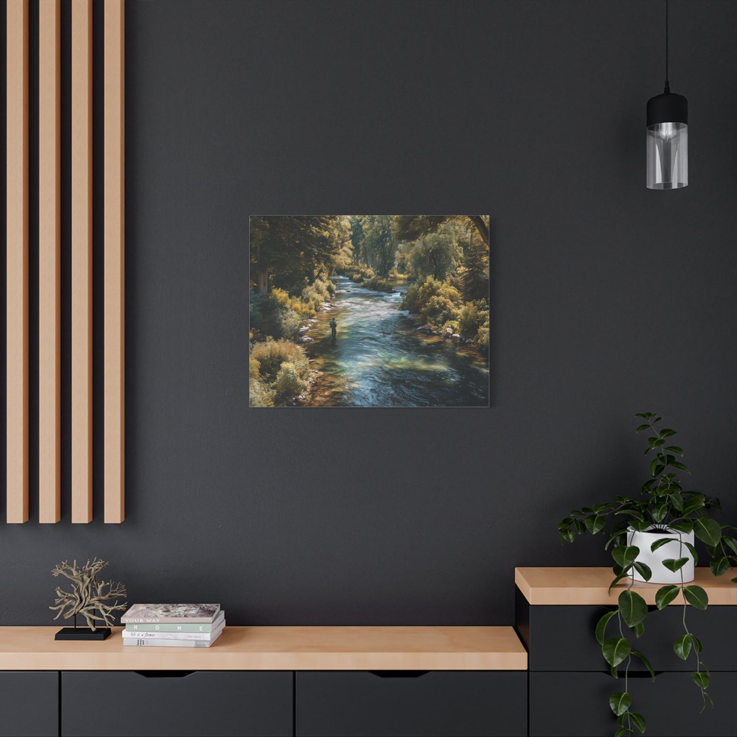 River Fishing Canvas Wall Art — Serene Forest Stream Matte Stretched Print