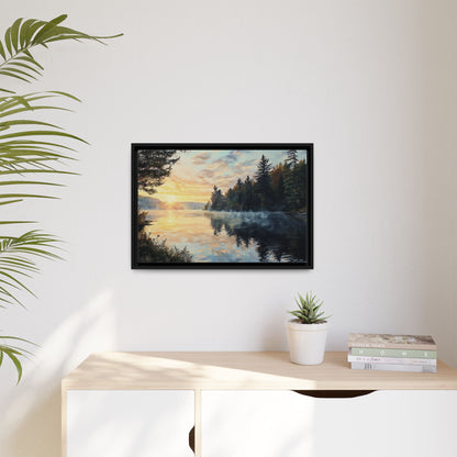 Sunrise Lake Framed Canvas Print — Forest Reflection Wall Art