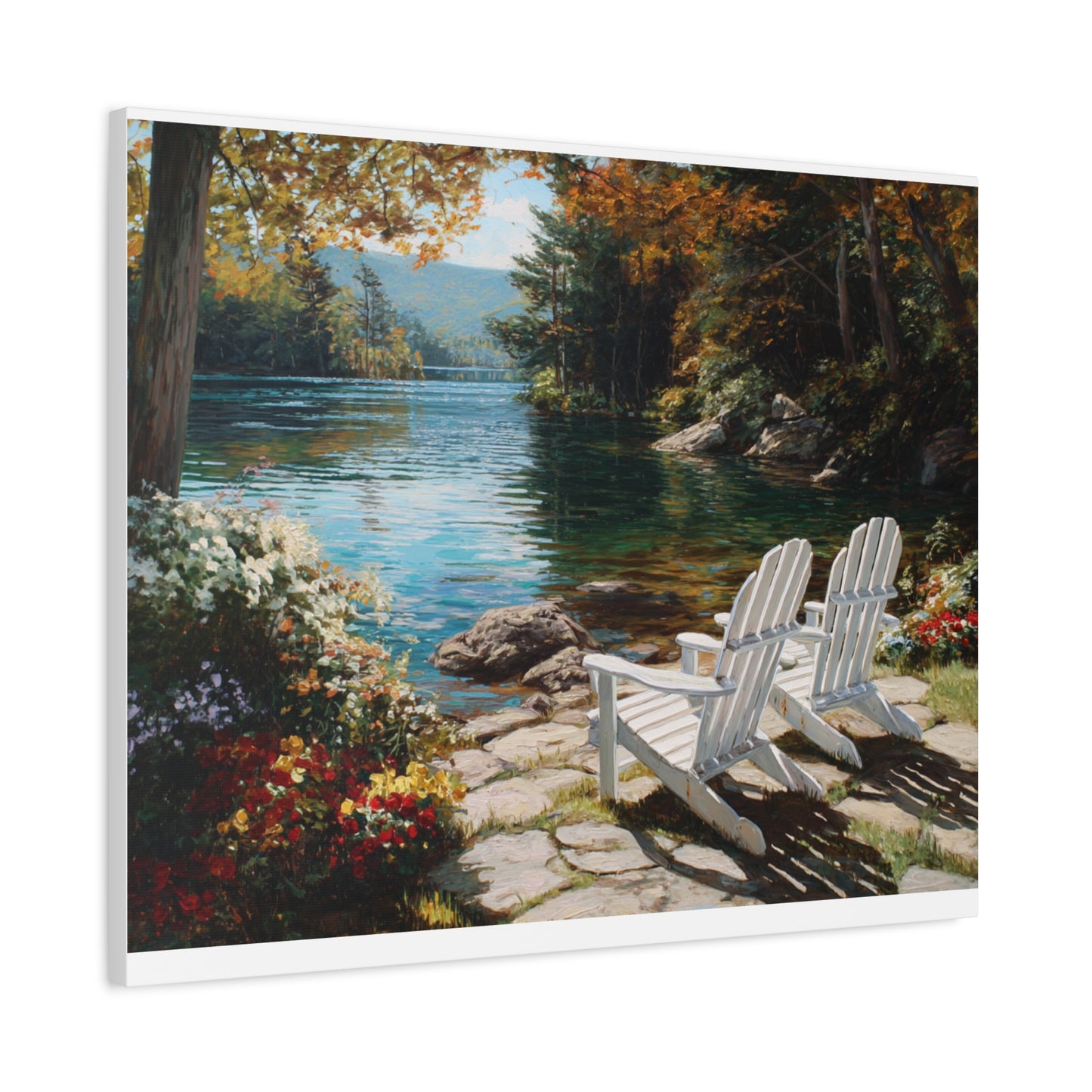 Canvas Print - Lakeside Adirondack Chairs Scenic Wall Art (Matte Stretched)