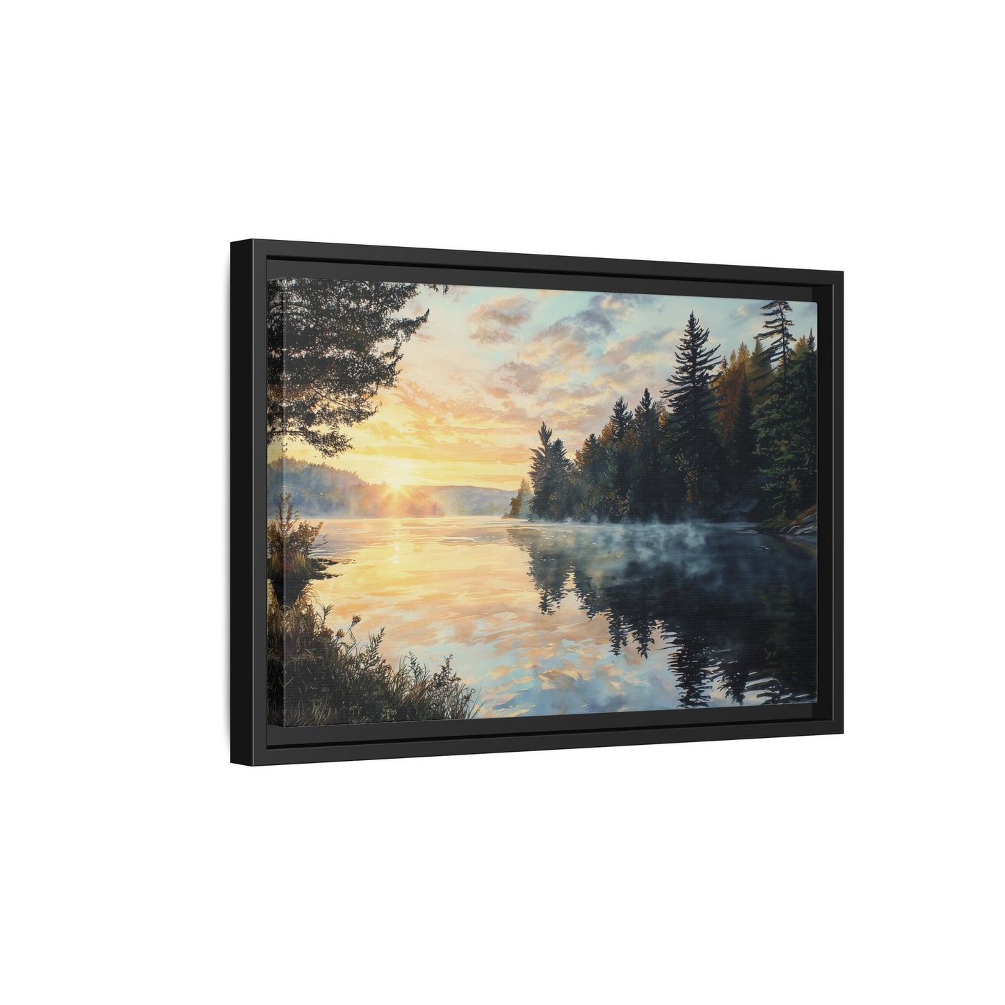 Sunrise Lake Framed Canvas Print — Forest Reflection Wall Art
