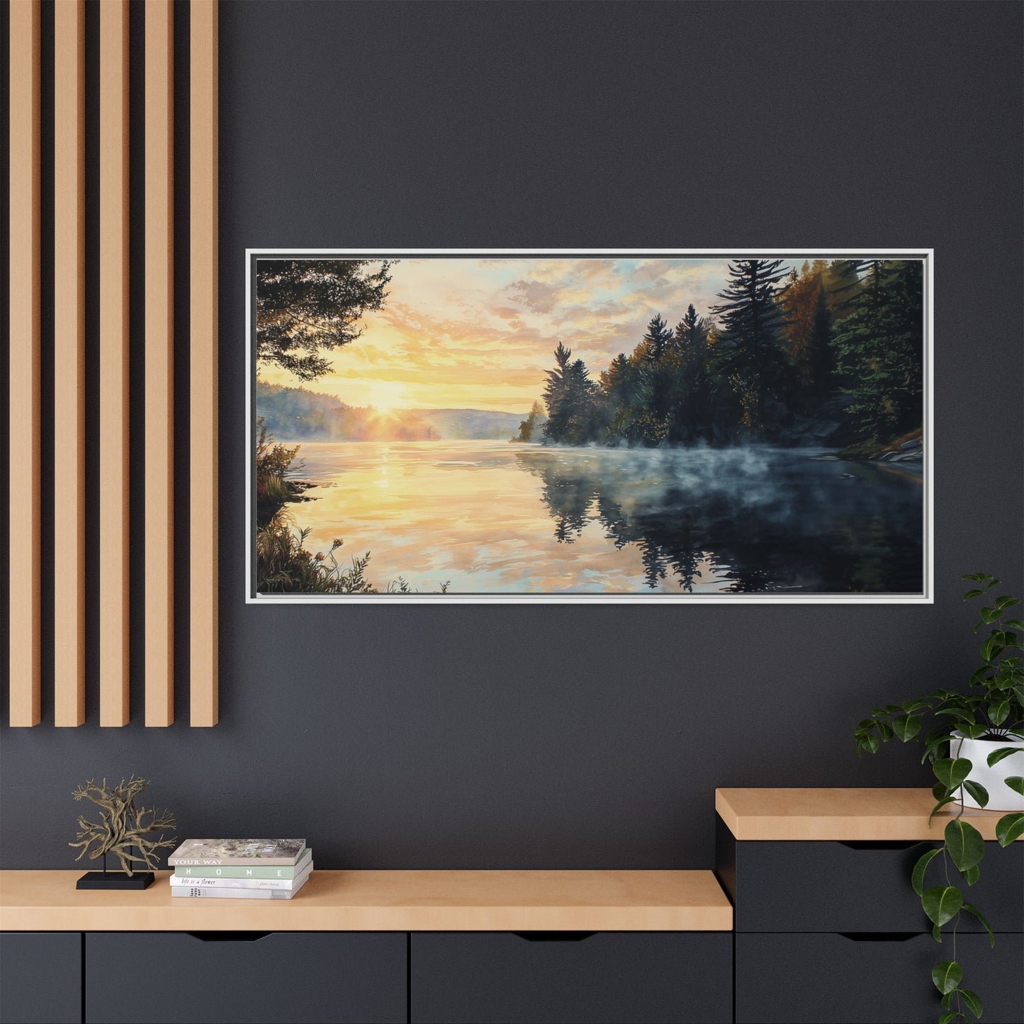 Sunrise Lake Framed Canvas Print — Forest Reflection Wall Art