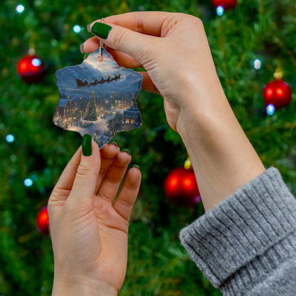 Star Ceramic Ornament – Santa Over Snowy Village Christmas Tree Holiday Decoration