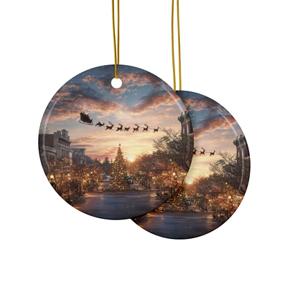 Christmas Street Scene Ceramic Ornament — Santa Sleigh 2-Sided Holiday Decoration
