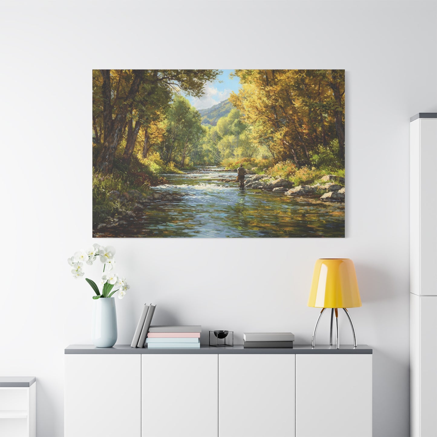 Autumn River Fly Fishing Matte Stretched Canvas