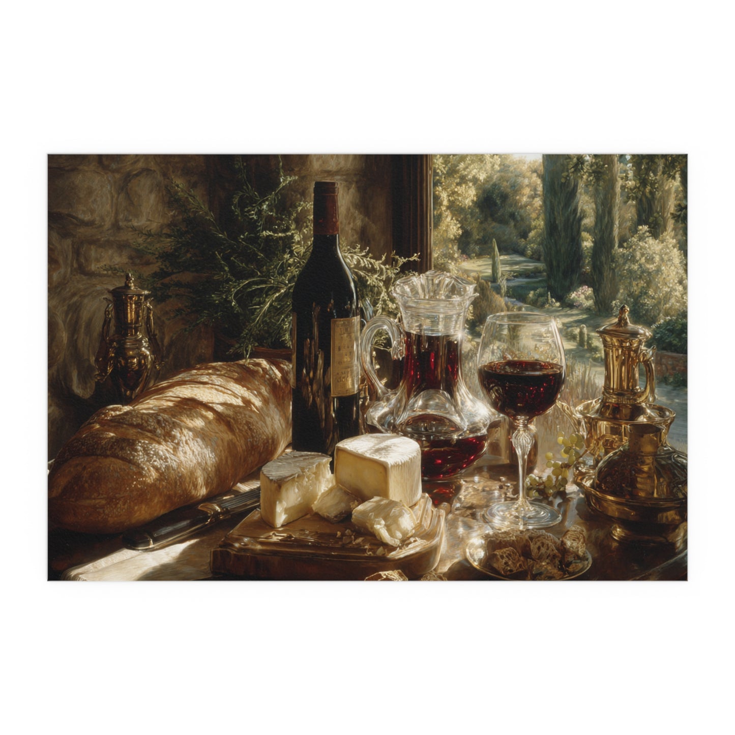 Vintage Still Life Bread Wine Cheese - Silk Paper Print