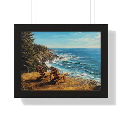 Coastal Clifftop Adirondack Chairs Framed Print — Beach Landscape Wall Art