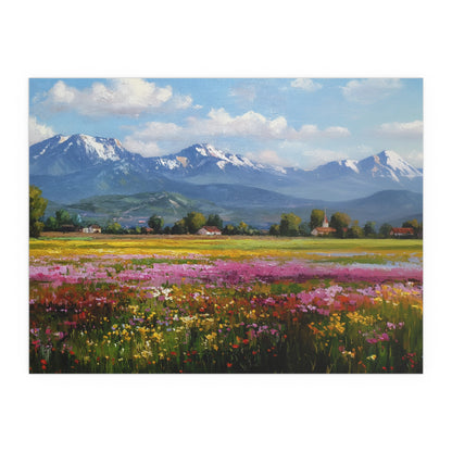 Impressionist Mountain Landscape with Flowers - Silk Paper Print
