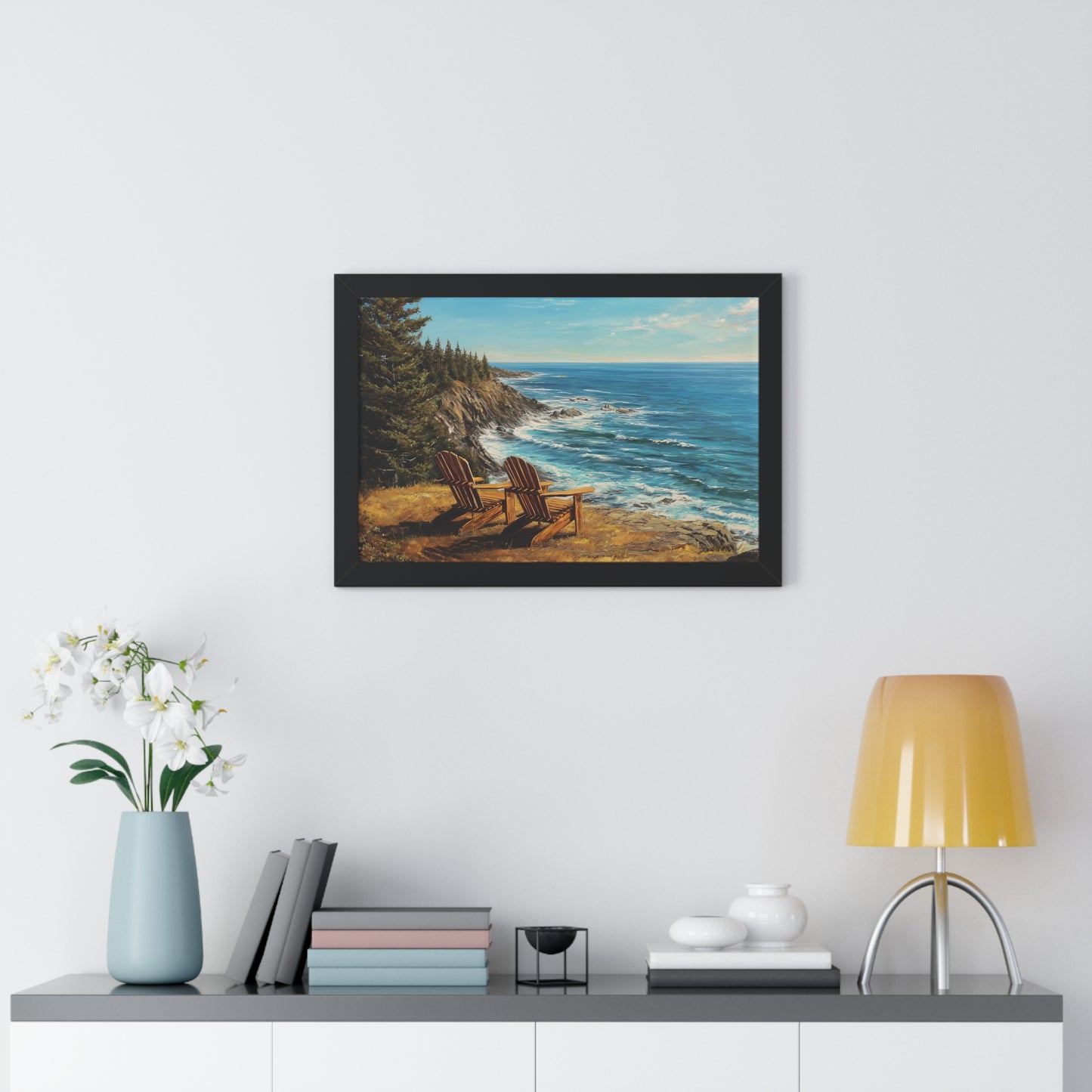 Coastal Clifftop Adirondack Chairs Framed Print — Beach Landscape Wall Art