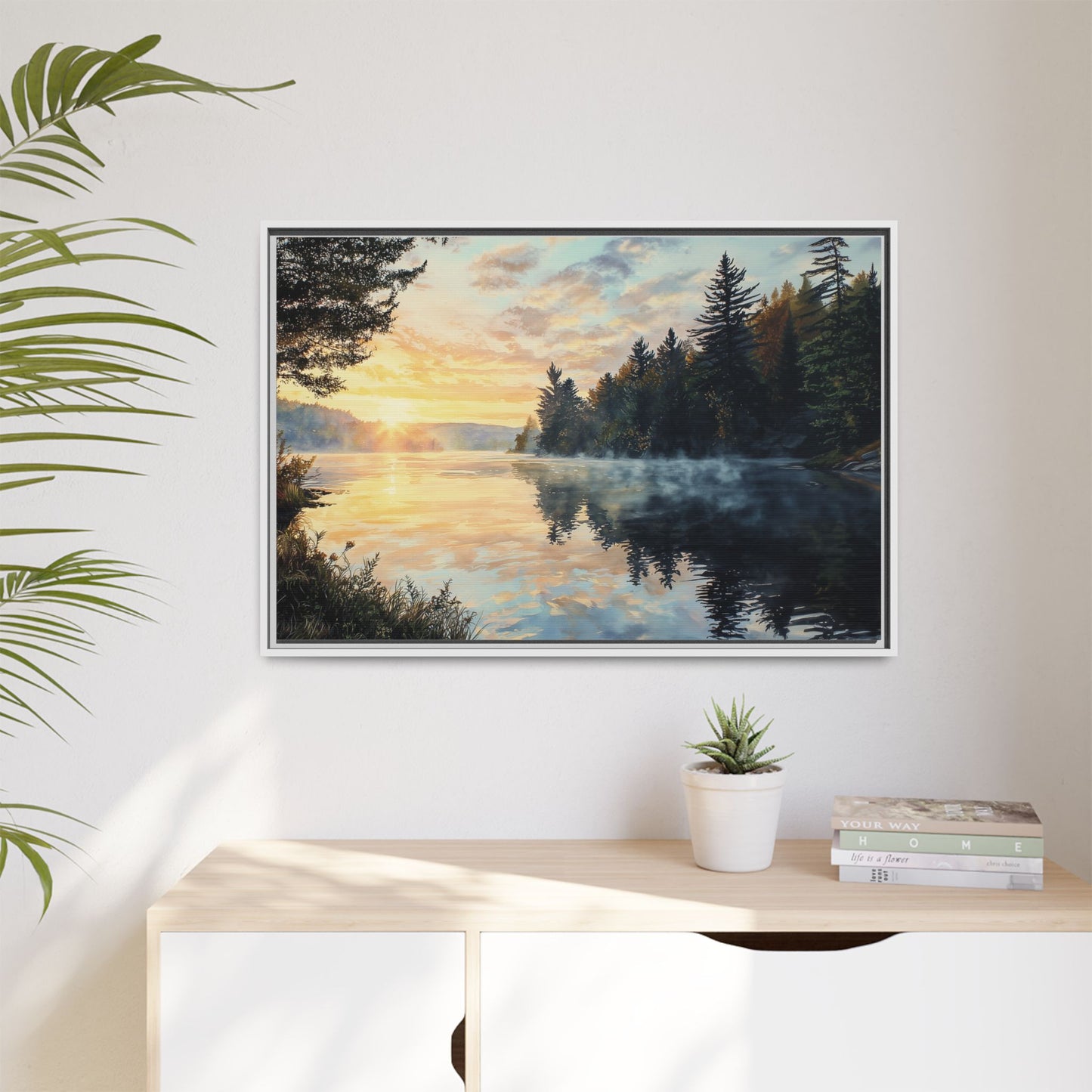 Sunrise Lake Framed Canvas Print — Forest Reflection Wall Art
