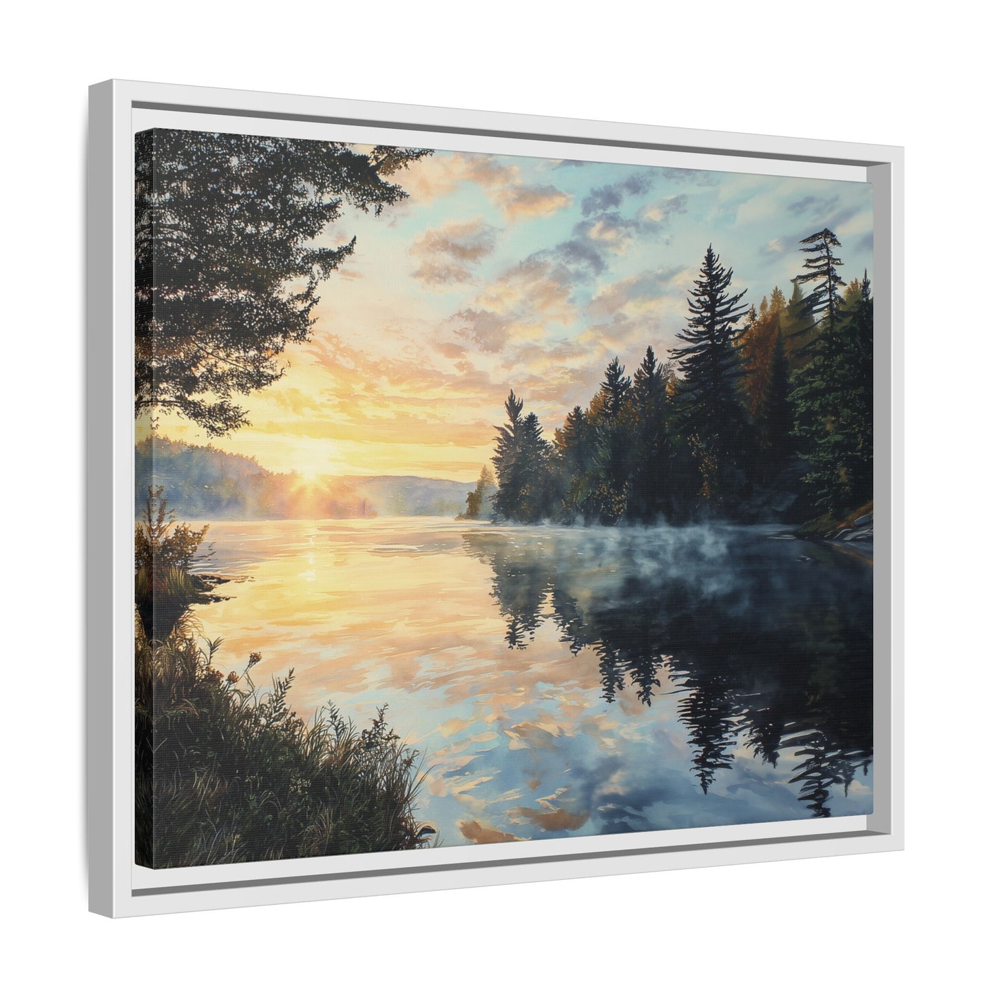 Sunrise Lake Framed Canvas Print — Forest Reflection Wall Art