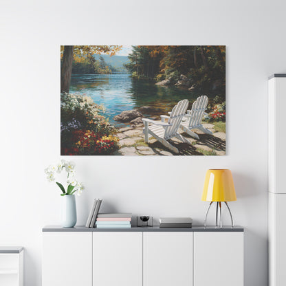 Canvas Print - Lakeside Adirondack Chairs Scenic Wall Art (Matte Stretched)
